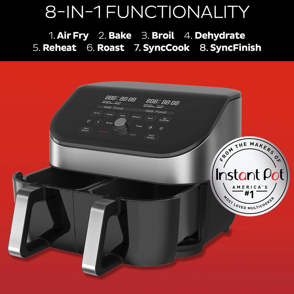 Air Fryer with Dual Baskets and Clear Cooking Windows, 8-in-1, Air fry, roast, broil, bake, reheat, and dehydrate, Stainless Steel