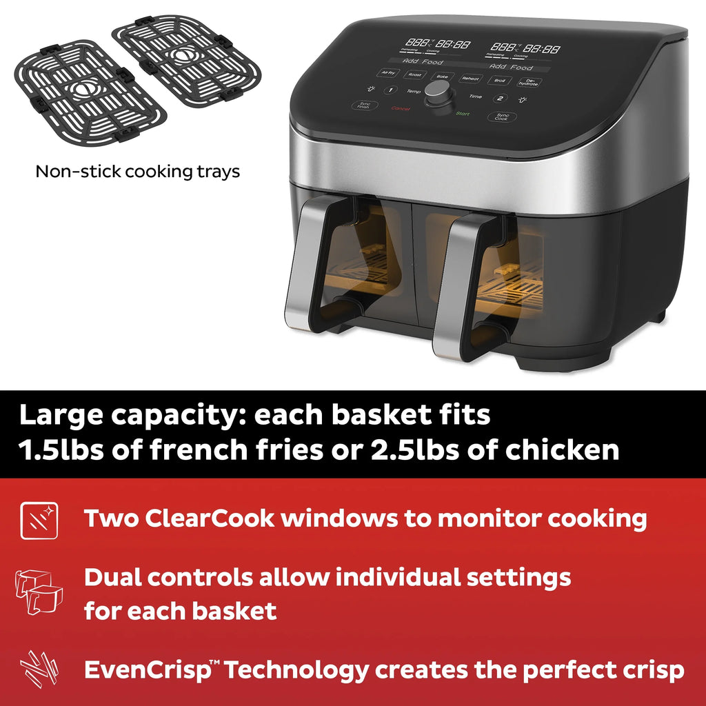 Air Fryer with Dual Baskets and Clear Cooking Windows, 8-in-1, Air fry, roast, broil, bake, reheat, and dehydrate, Stainless Steel