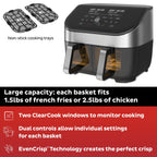 Air Fryer with Dual Baskets and Clear Cooking Windows, 8-in-1, Air fry, roast, broil, bake, reheat, and dehydrate, Stainless Steel