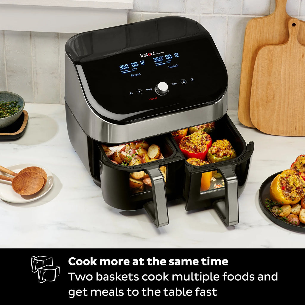 Air Fryer with Dual Baskets and Clear Cooking Windows, 8-in-1, Air fry, roast, broil, bake, reheat, and dehydrate, Stainless Steel