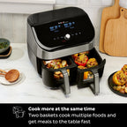 Air Fryer with Dual Baskets and Clear Cooking Windows, 8-in-1, Air fry, roast, broil, bake, reheat, and dehydrate, Stainless Steel