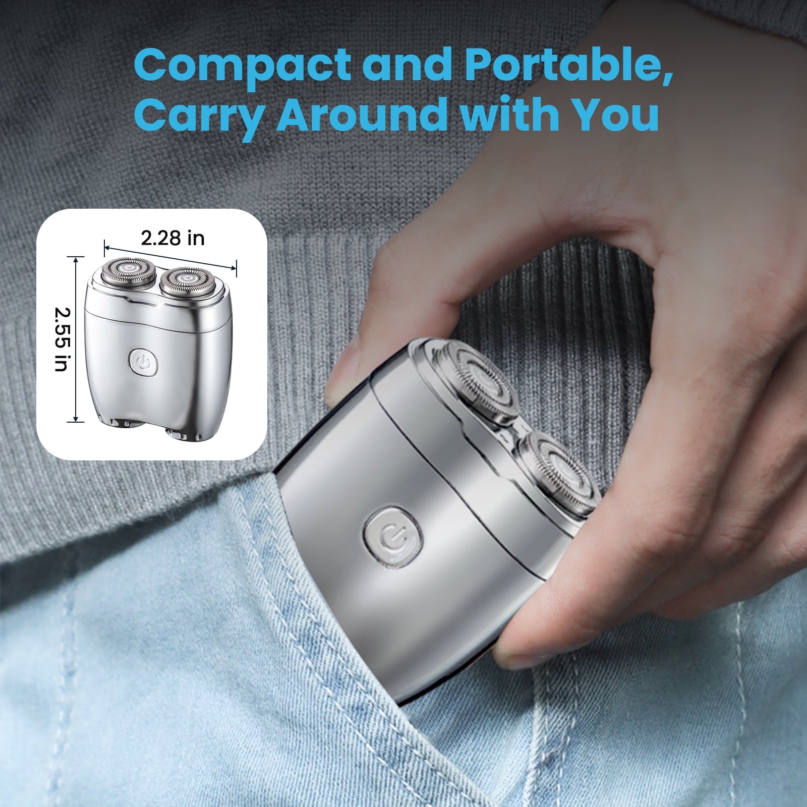 Electric Razor for Men: Portable Mini Shaver with Double Ring Floating Blade, IPX7 Waterproof Face Shavers with USB-C Fast Charge, Silver