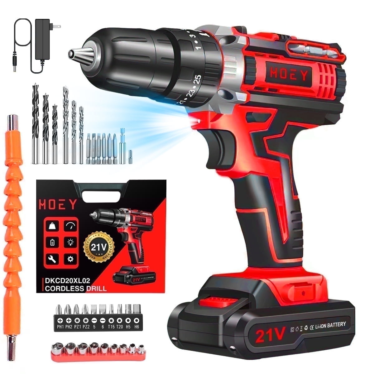 21V Cordless Drill Set,Electric Power Drill 34Pcs with 3/8 Inch Keyless Chuck, 25+3 Clutch Compact Driver Drill with Work Light, Max torque 45Nm, 2-Variable Speed & Battery and Fast Charger