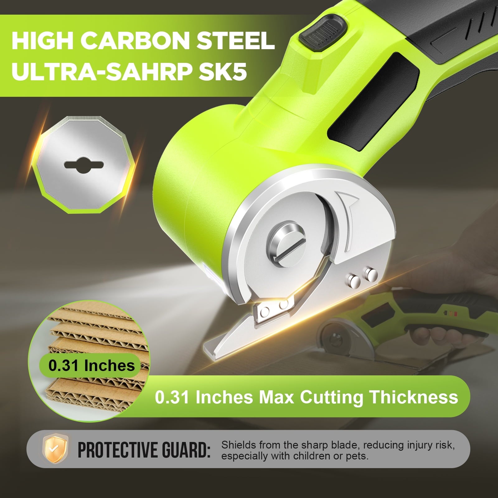 Cordless Electric Scissors, 4V Rechargeable Cardboard Box Cutter with Safety Lock & LED Light, Power Rotary Cutter for Fabric Carpet Leather