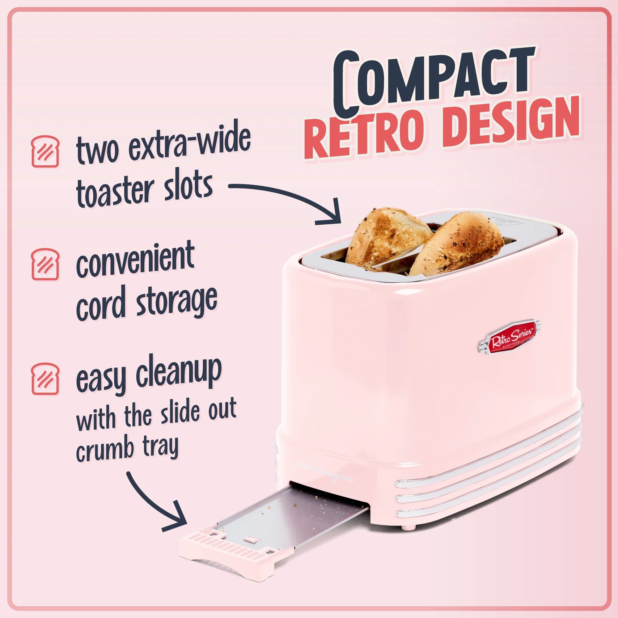 Retro Toaster 2 Slice Vintage Toaster Oven for Bagels & Thick Bread, Pink