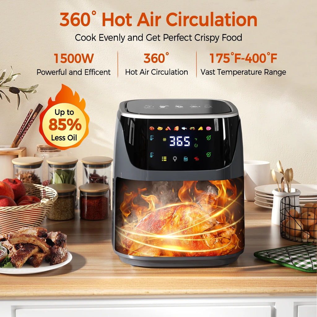8QT Air Fryer with 8 Food Preset, LED Digital Touch Screen, Roast, Reheat, Dehydrate, Bake, Steam, 360¡ã Hot Air, 85% Less Oil Healthy Cooker for Family Size