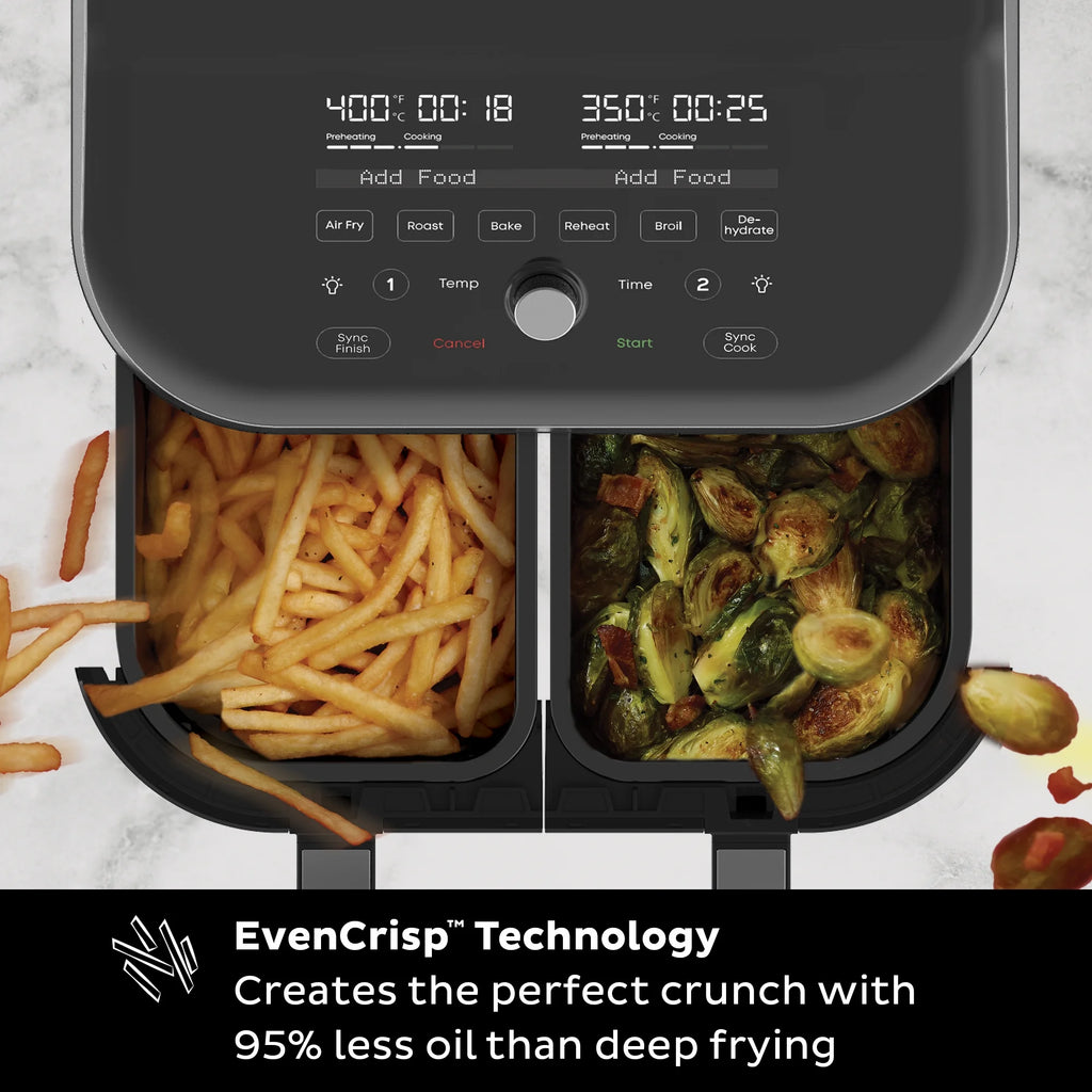 Air Fryer with Dual Baskets and Clear Cooking Windows, 8-in-1, Air fry, roast, broil, bake, reheat, and dehydrate, Stainless Steel