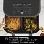 Air Fryer with Dual Baskets and Clear Cooking Windows, 8-in-1, Air fry, roast, broil, bake, reheat, and dehydrate, Stainless Steel