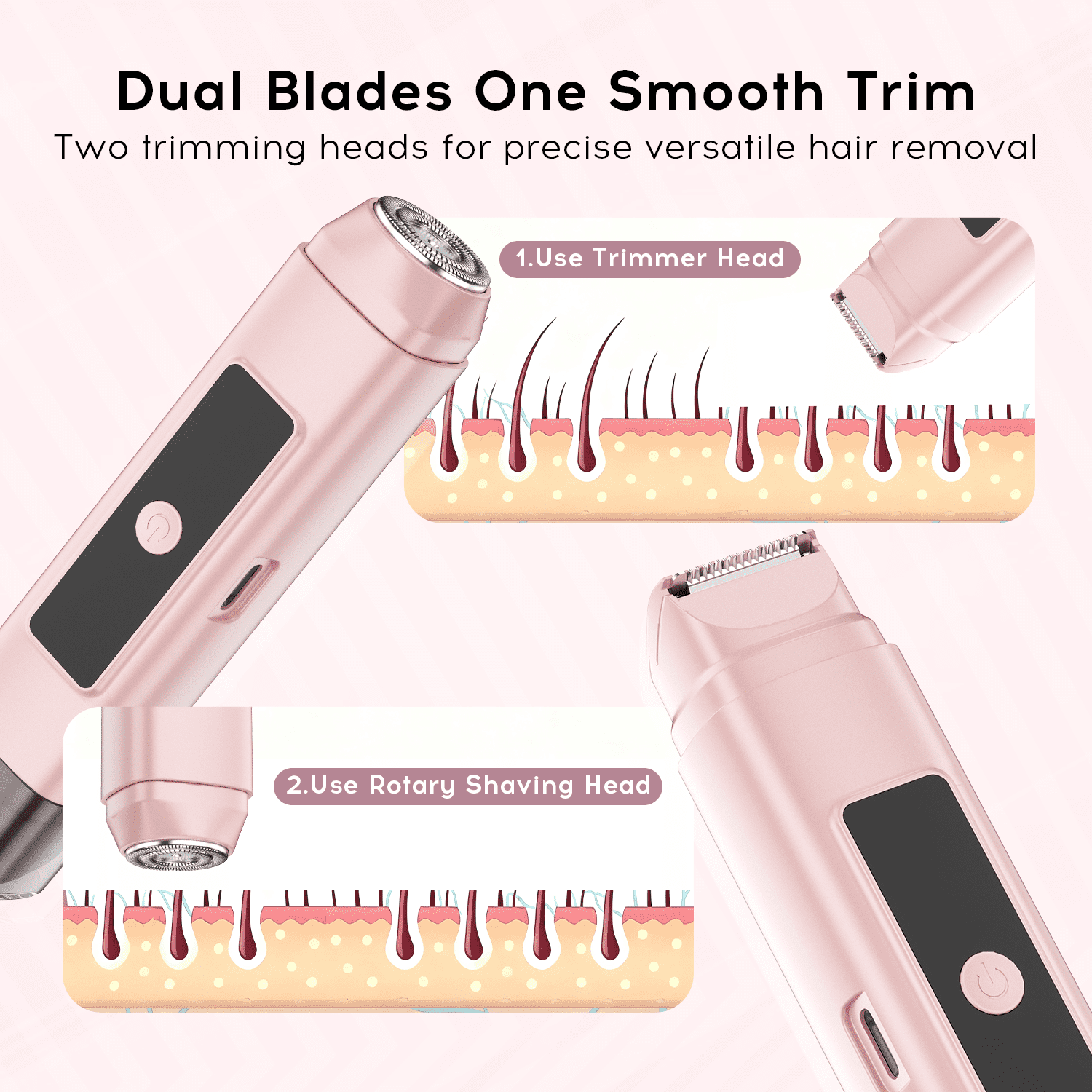 Bikini Trimmer for Women - 2 in 1 Electric Razors with Dual Heads, Rechargeable Razor Body Hair Trimmer for Face Lip Chin Pubic Underarm Legs