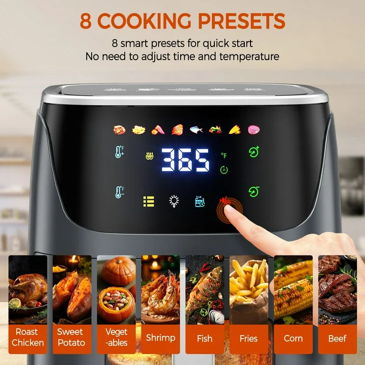 8QT Air Fryer with 8 Food Preset, LED Digital Touch Screen, Roast, Reheat, Dehydrate, Bake, Steam, 360¡ã Hot Air, 85% Less Oil Healthy Cooker for Family Size
