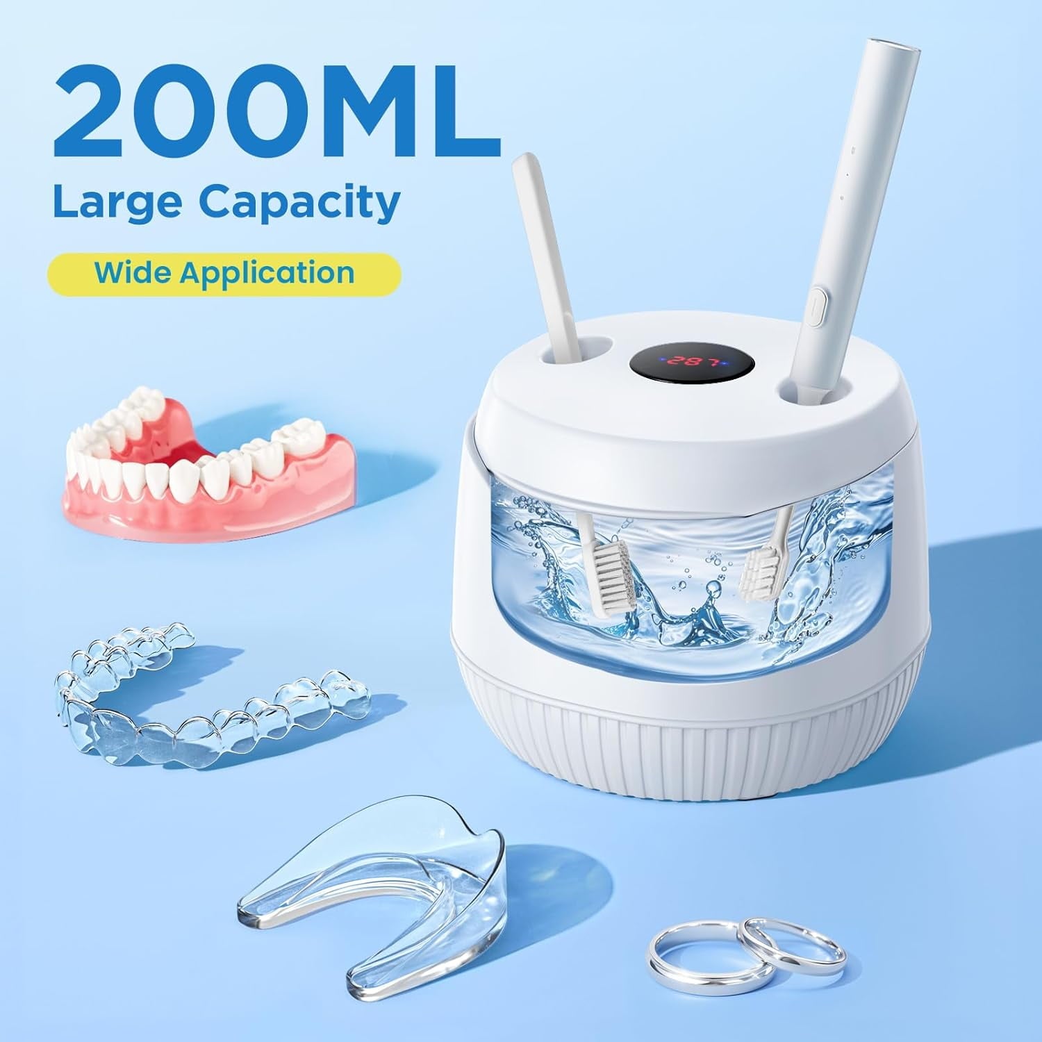 Ultrasonic Retainer Cleaner, 45kHz Digital Timer Dental Cleaning Machine for Denture, Mouth Guard, Aligner, Braces, Toothbrush Heads