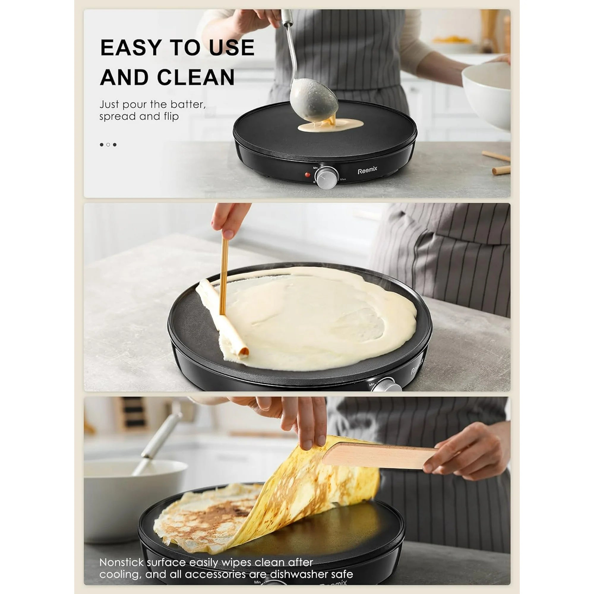 Crepe Maker Machine,12¡± Electric Griddle, Compact Pancake Griddle Precise Temperature Control, Batter Spreader for Eggs, Pancakes, Includes Spatula, Spreader£¨Black£©