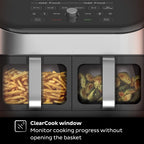 Air Fryer with Dual Baskets and Clear Cooking Windows, 8-in-1, Air fry, roast, broil, bake, reheat, and dehydrate, Stainless Steel