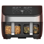 Air Fryer with Dual Baskets and Clear Cooking Windows, 8-in-1, Air fry, roast, broil, bake, reheat, and dehydrate, Stainless Steel