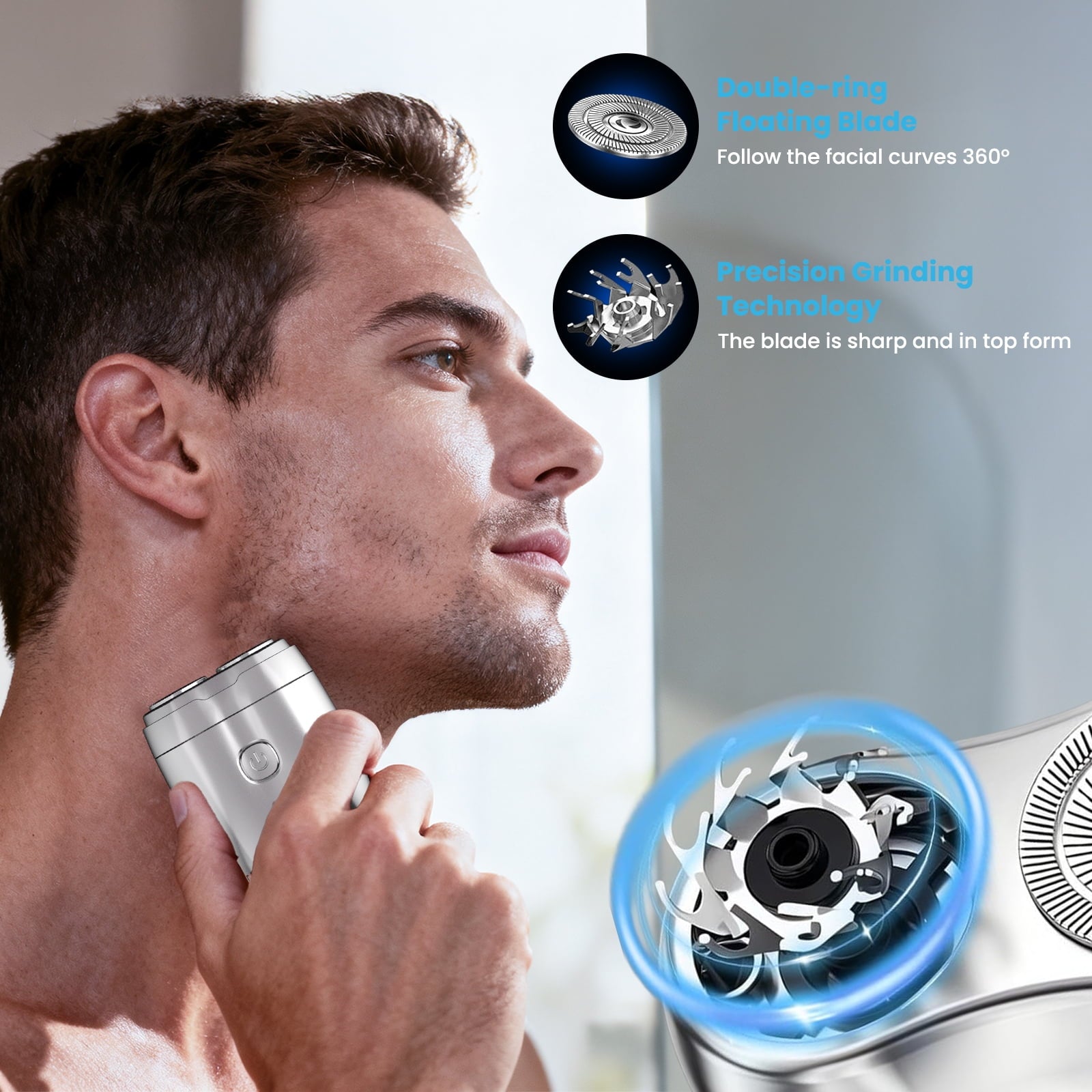 Electric Razor for Men: Portable Mini Shaver with Double Ring Floating Blade, IPX7 Waterproof Face Shavers with USB-C Fast Charge, Silver
