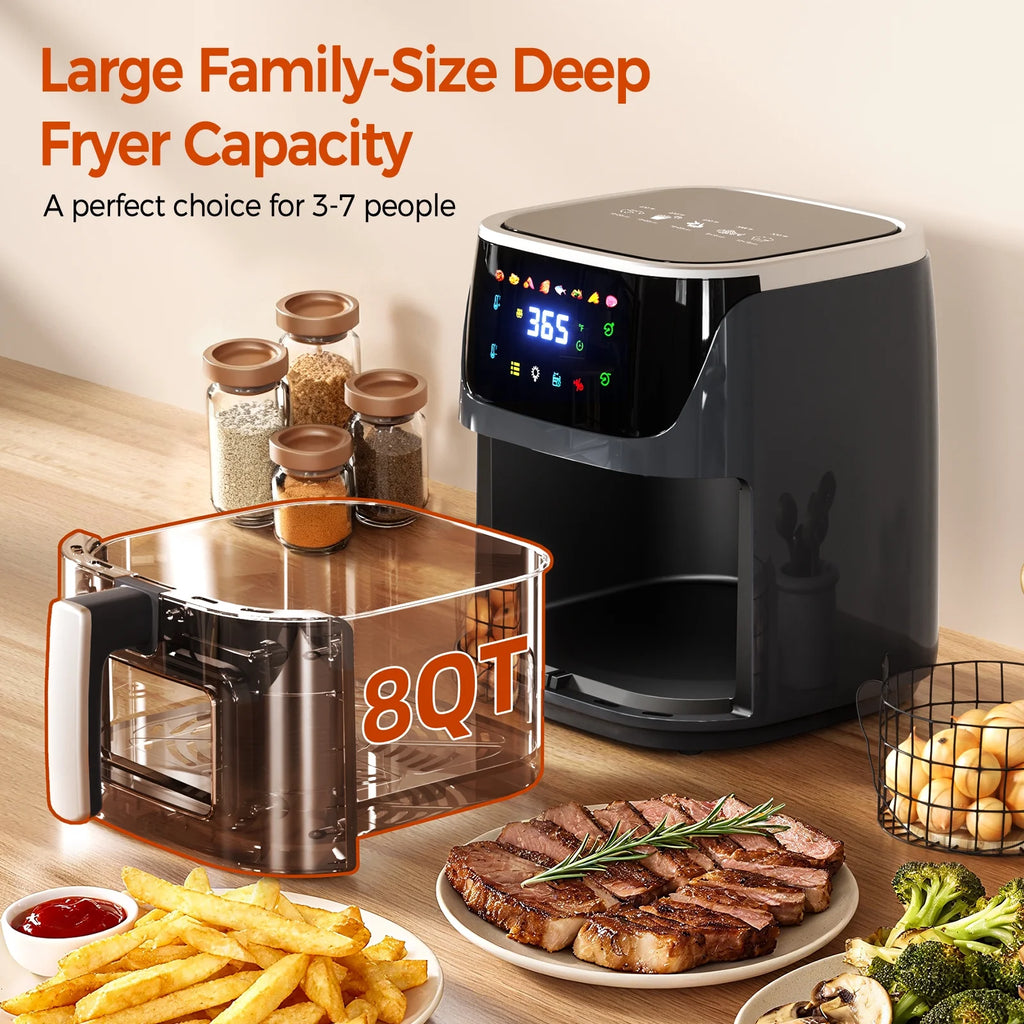 8QT Air Fryer with 8 Food Preset, LED Digital Touch Screen, Roast, Reheat, Dehydrate, Bake, Steam, 360¡ã Hot Air, 85% Less Oil Healthy Cooker for Family Size