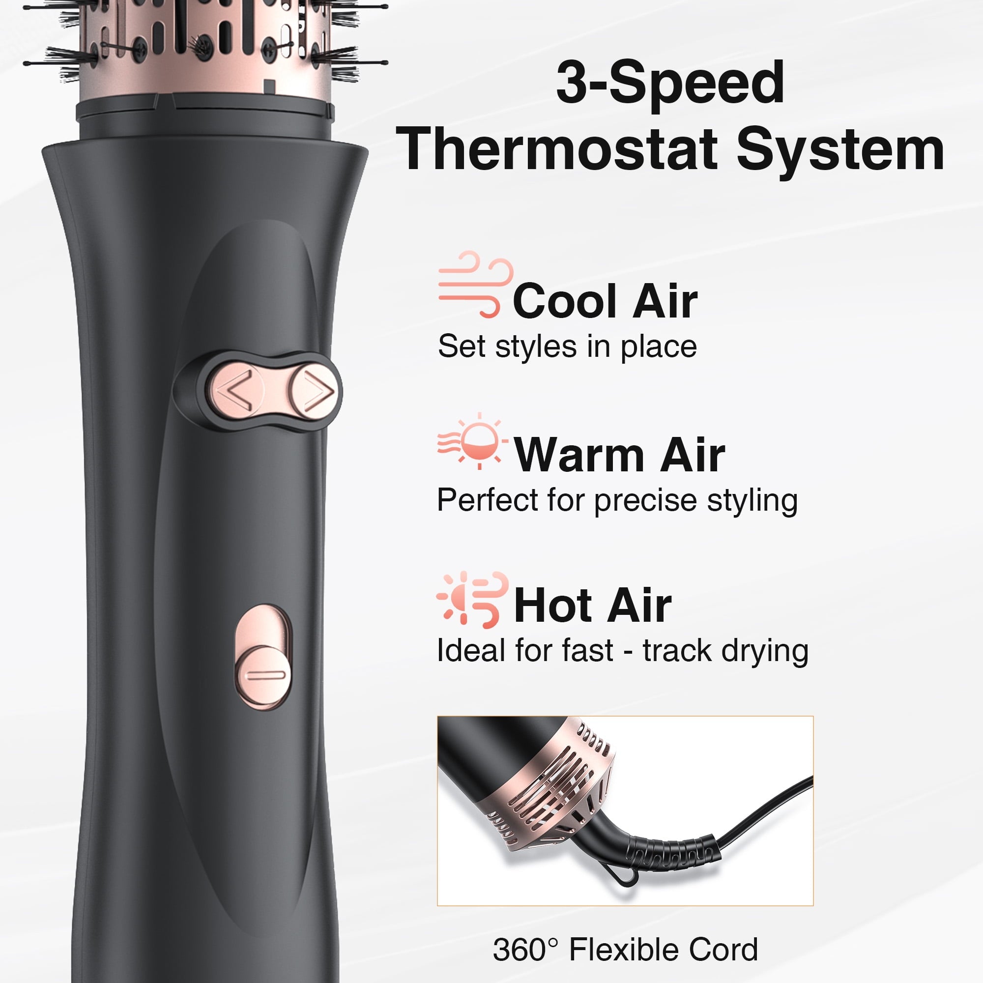 2 in 1 Thermal Brush - 360° Rotating Blow Dryer Brush with 2 Detachable Head, Powerful Multi-Styler Hot Air Brush for Curling Straightening Volumizing