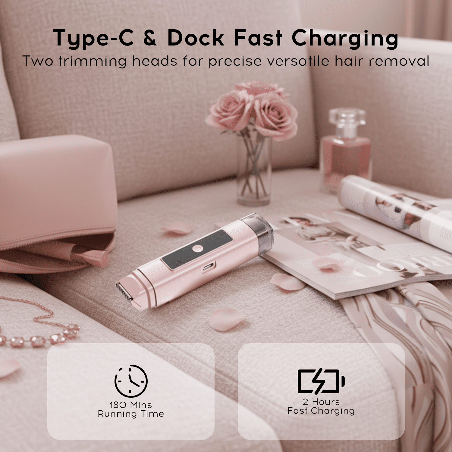 Bikini Trimmer for Women - 2 in 1 Electric Razors with Dual Heads, Rechargeable Razor Body Hair Trimmer for Face Lip Chin Pubic Underarm Legs